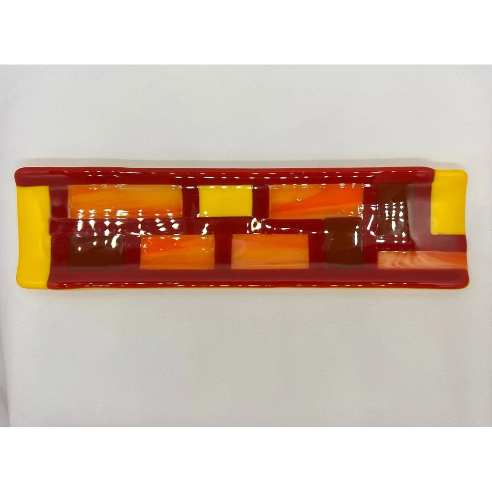 Handmade Fused Glass Geometric Rectangular Tray Yellow Orange Red 12 Inch